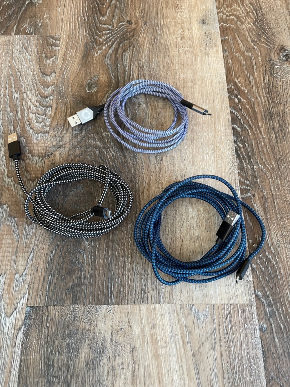 3 Braided USB Charging Cable - Blue, Black & Light Purple